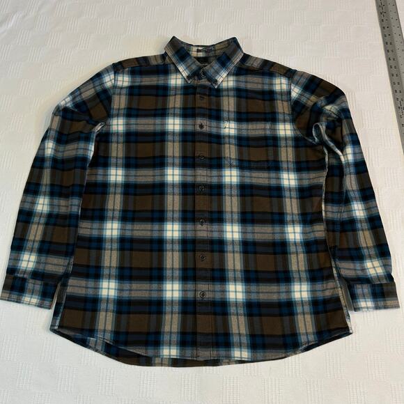 Eddie Bauer Mens XLT Flannel Shirt Brown Blue Button Down Collar 100% Cotton - Picture 2 of 12